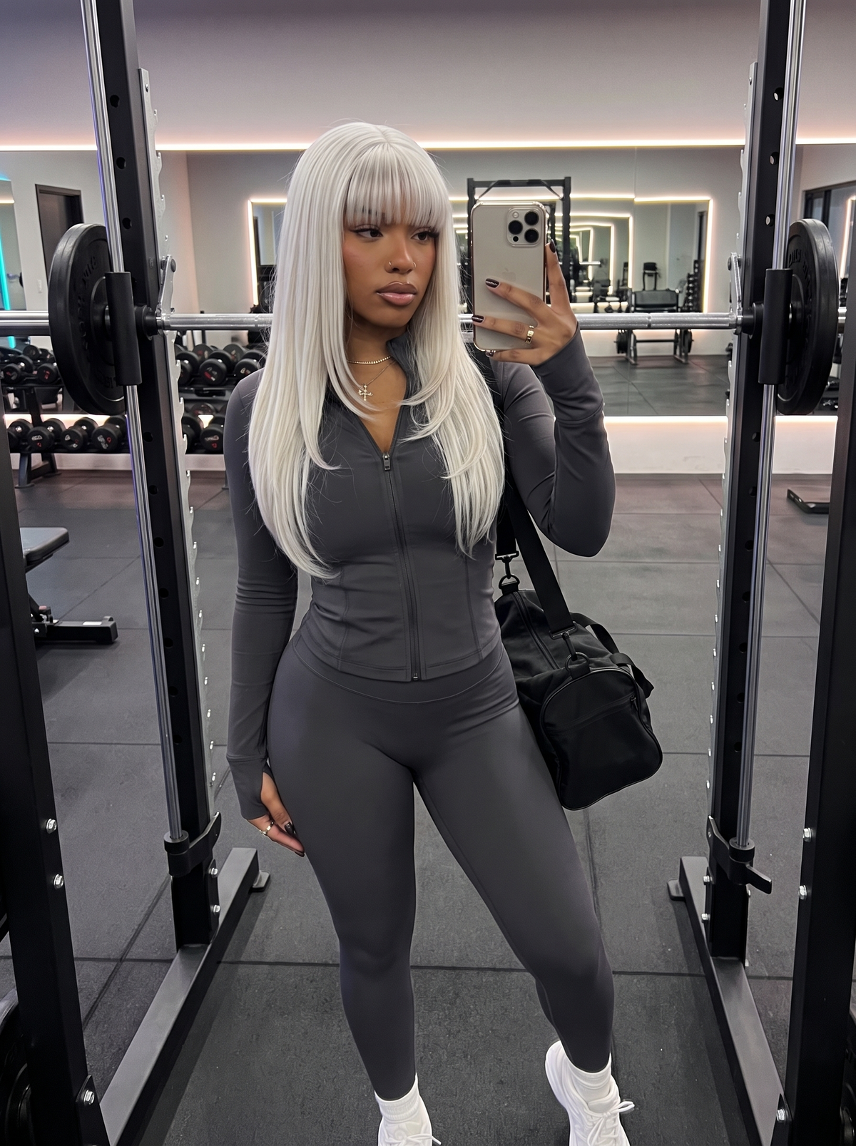 Ice-bang lace wig with long straight platinum-white hair and blunt bangs