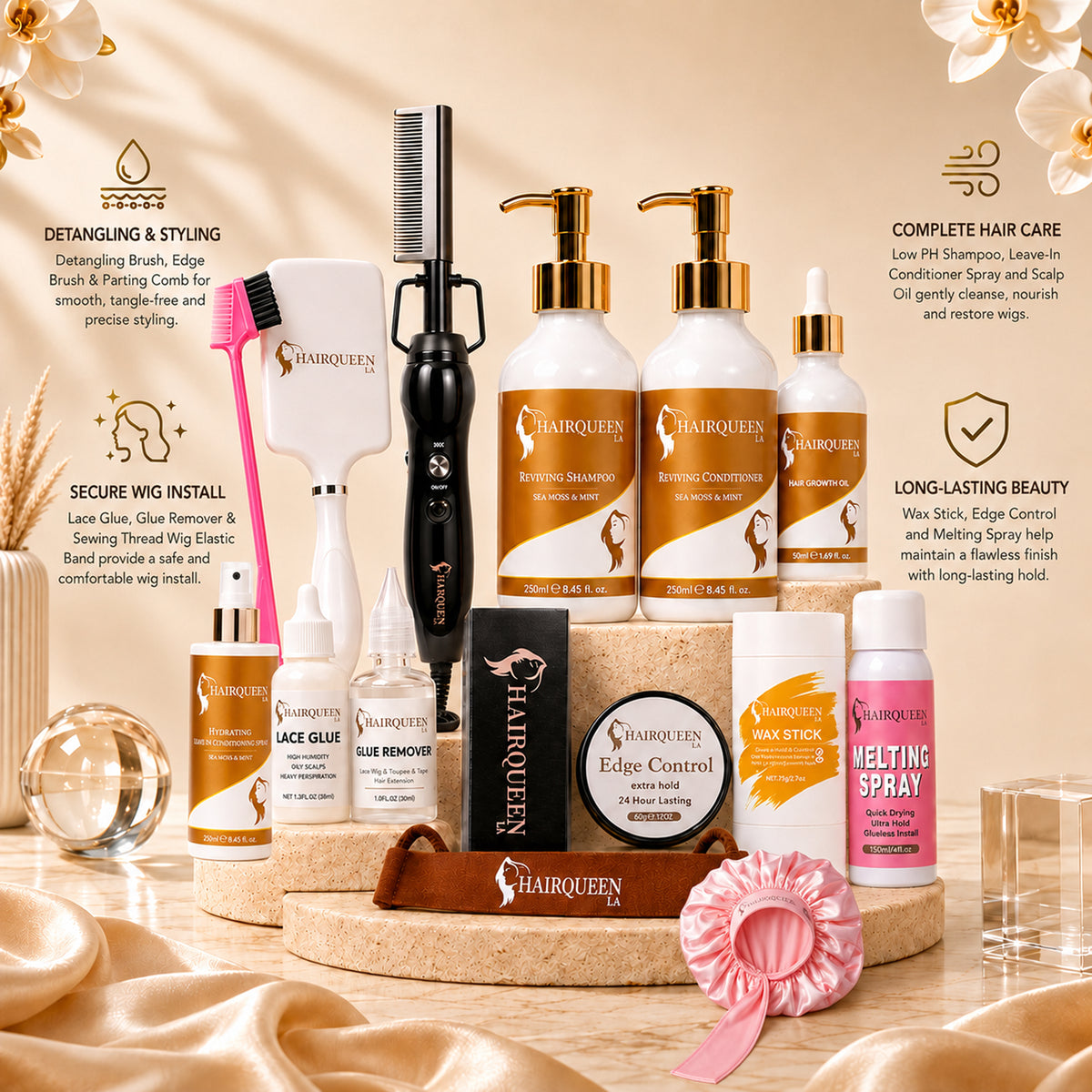 HAIRQUEEN wig styling kit with detangling brush, flat iron, haircare bottles, lace glue, edge control