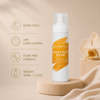 HQLA hair styling foam pump bottle, white bottle with orange label stripe