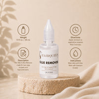 Hair Queen LA Glue Remover bottle with directions icons on a side card.