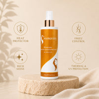 Hydrating leave-in conditioner spray bottle with feature icons; orange label, white cap; Hair Queen LA