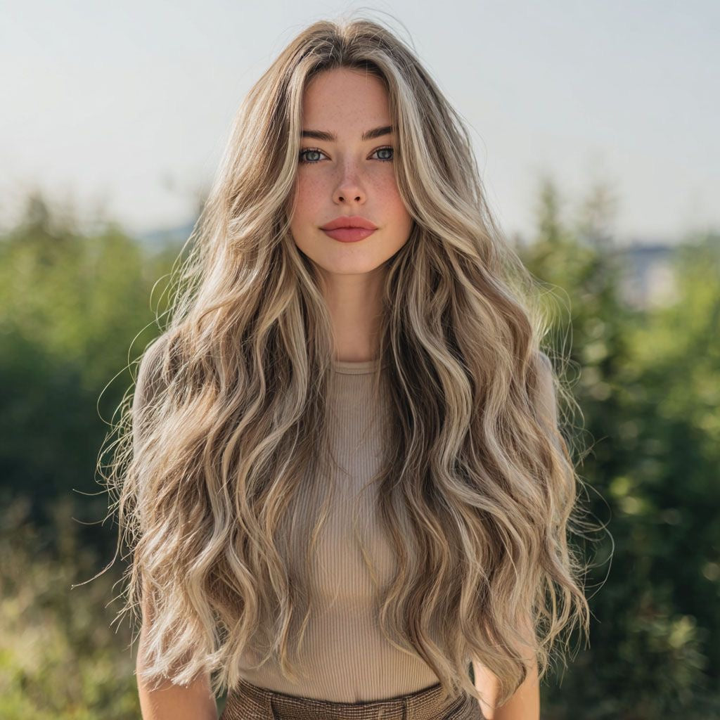 Long blonde highlighted synthetic wig, long wavy hair with center part