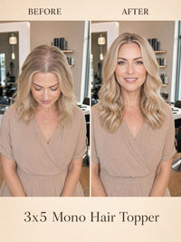 3x5 hair topper worn under hair for added length and volume, before-and-after