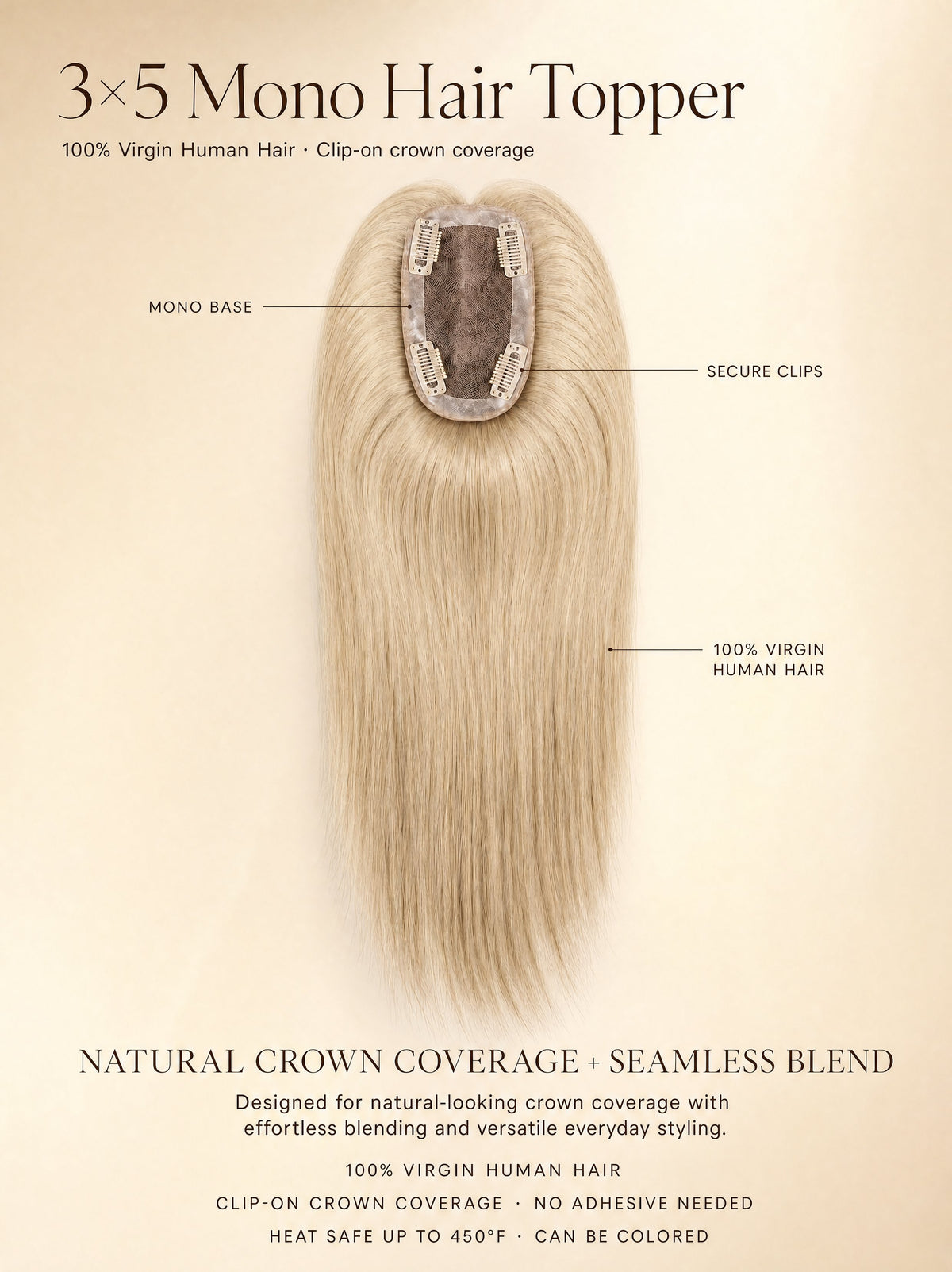 3x5 mono hair topper product diagram showing clip-in mono base and ash hair length