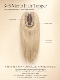 3x5 mono hair topper product diagram showing clip-in mono base and ash hair length