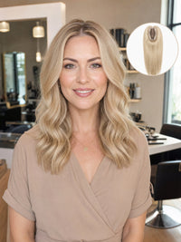 3x5 mono hair topper worn with wavy shoulder-length ash-blonde hair, close-up