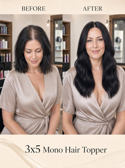 3x5 mono hair topper, long black hair with natural shine and full crown coverage