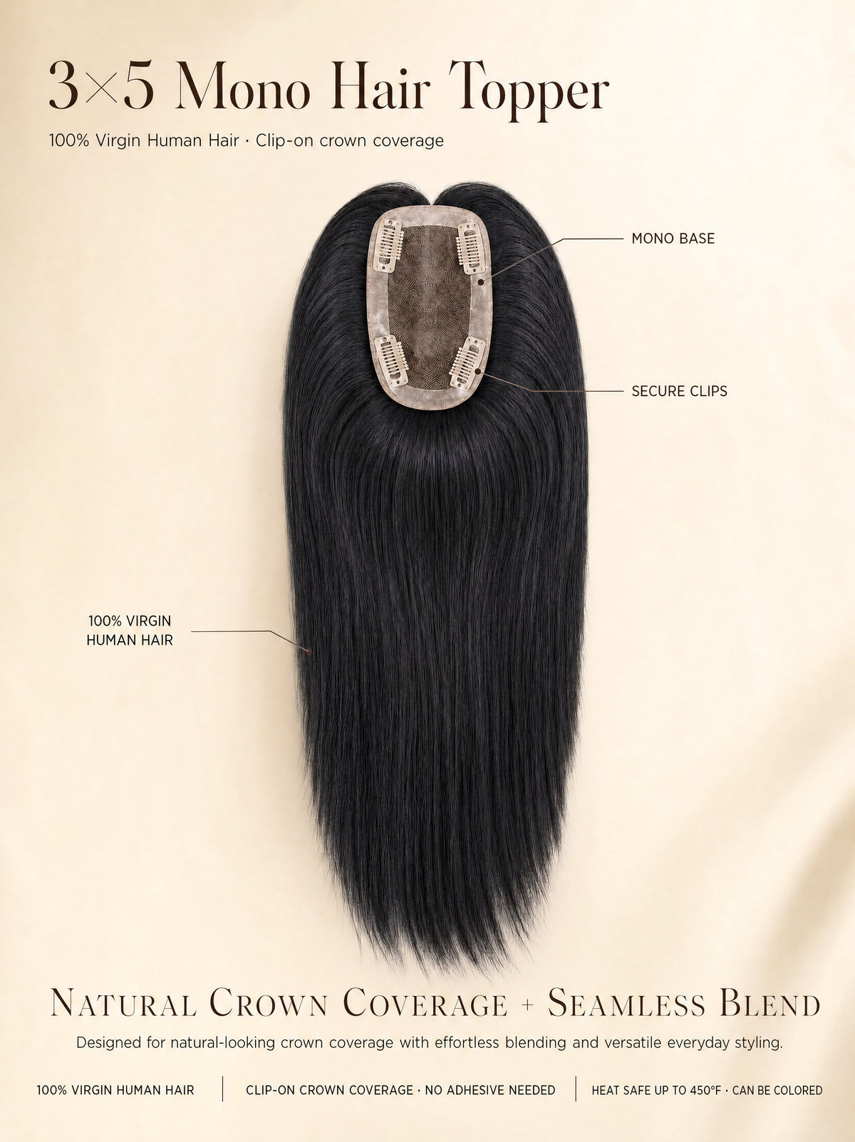 3x5 mono hair topper with mono base and secure clips shown on long black hair