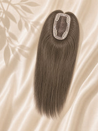 3x5 mono hair topper, long dark brown topper against draped fabric