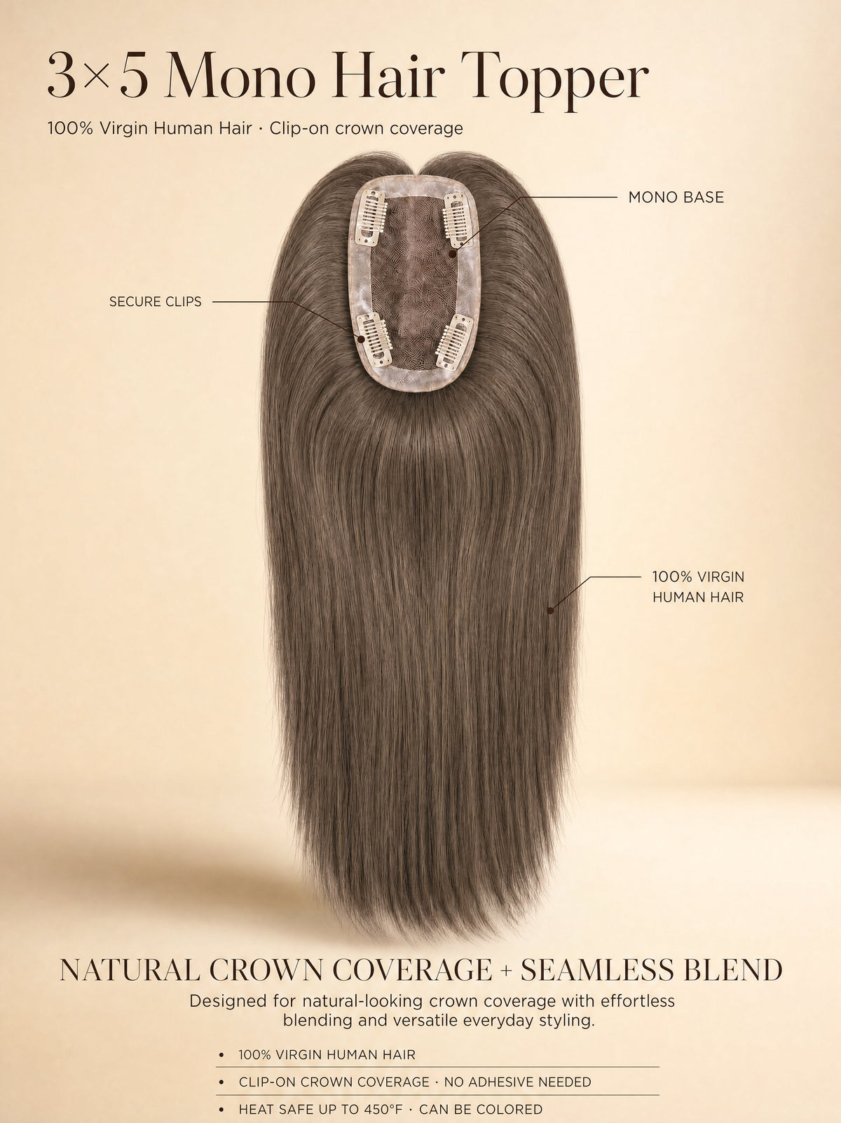 3x5 mono hair topper, long dark brown hair with mono base and secure clips
