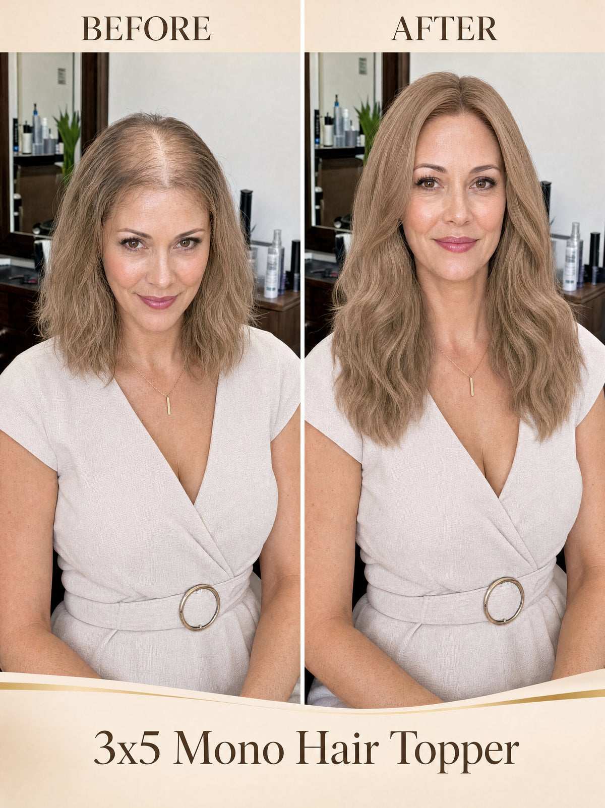 Hair topper before-and-after: wavy light-brown hair with fuller volume on model