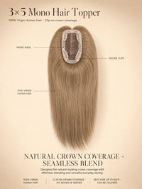 3x5 mono hair topper with mono base and secure clips on long medium brown hair