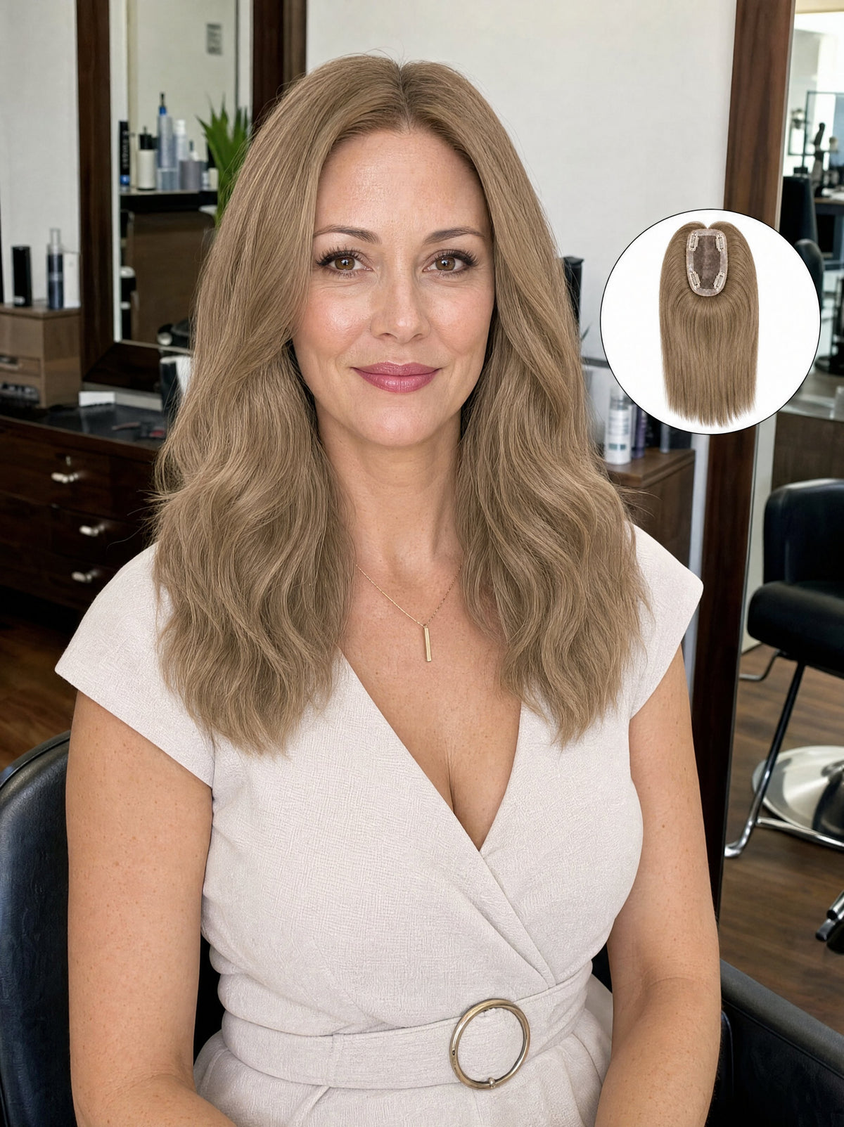 Womens hair topper with long wavy light-brown hair and center part, clip-ready