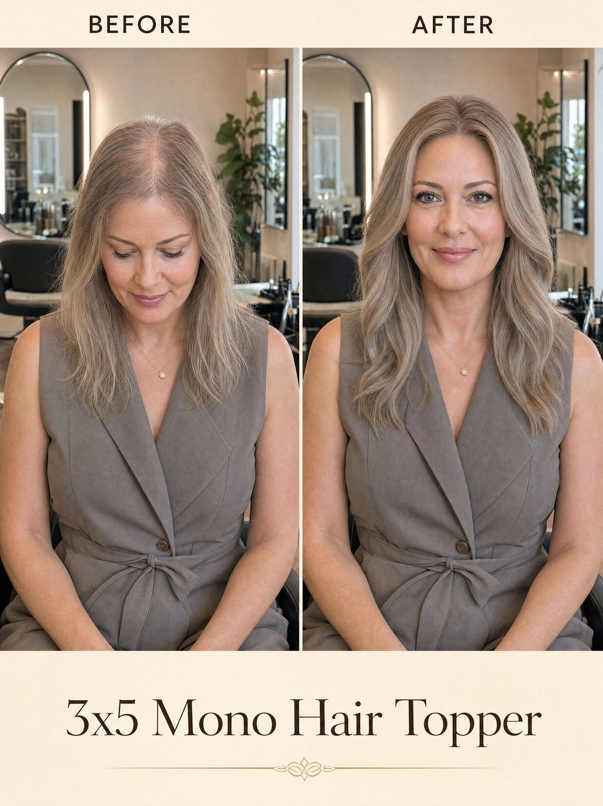 3x5 hair topper worn for more coverage and volume, before-and-after comparison