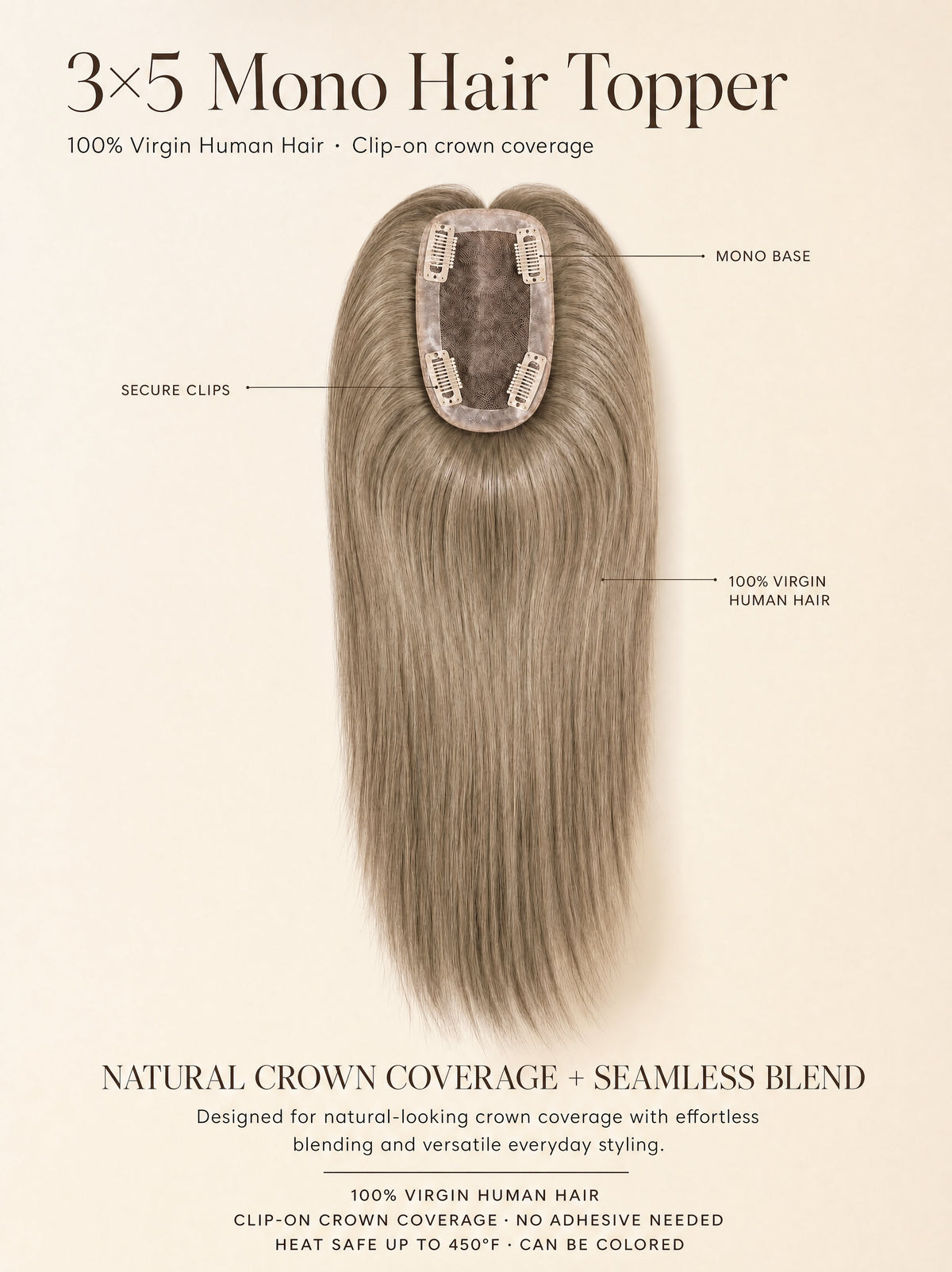 3x5 mono hair topper product diagram with clip-in mono base and straight ash hair