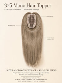 3x5 mono hair topper product diagram with clip-in mono base and straight ash hair