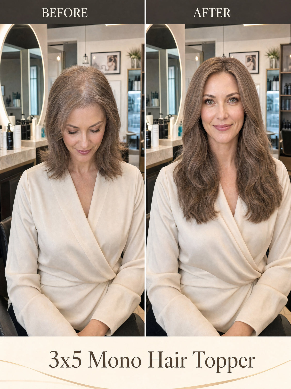 Hair topper on model, wavy light-brown hair with natural crown coverage