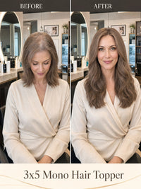Hair topper on model, wavy light-brown hair with natural crown coverage
