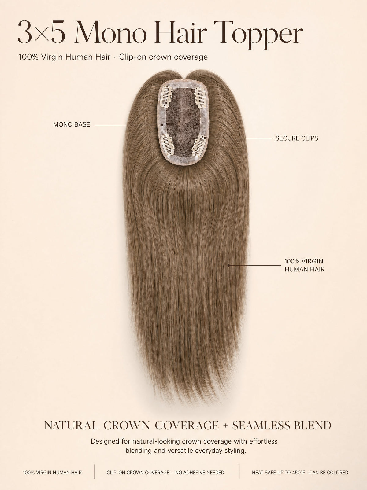Wavy light-brown 3x5 mono hair topper with oval mono base and secure clips