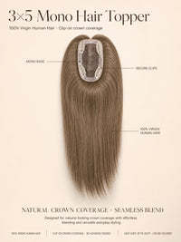Wavy light-brown 3x5 mono hair topper with oval mono base and secure clips