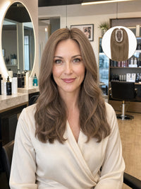 Wavy light-brown hair topper on model with natural crown coverage and center part