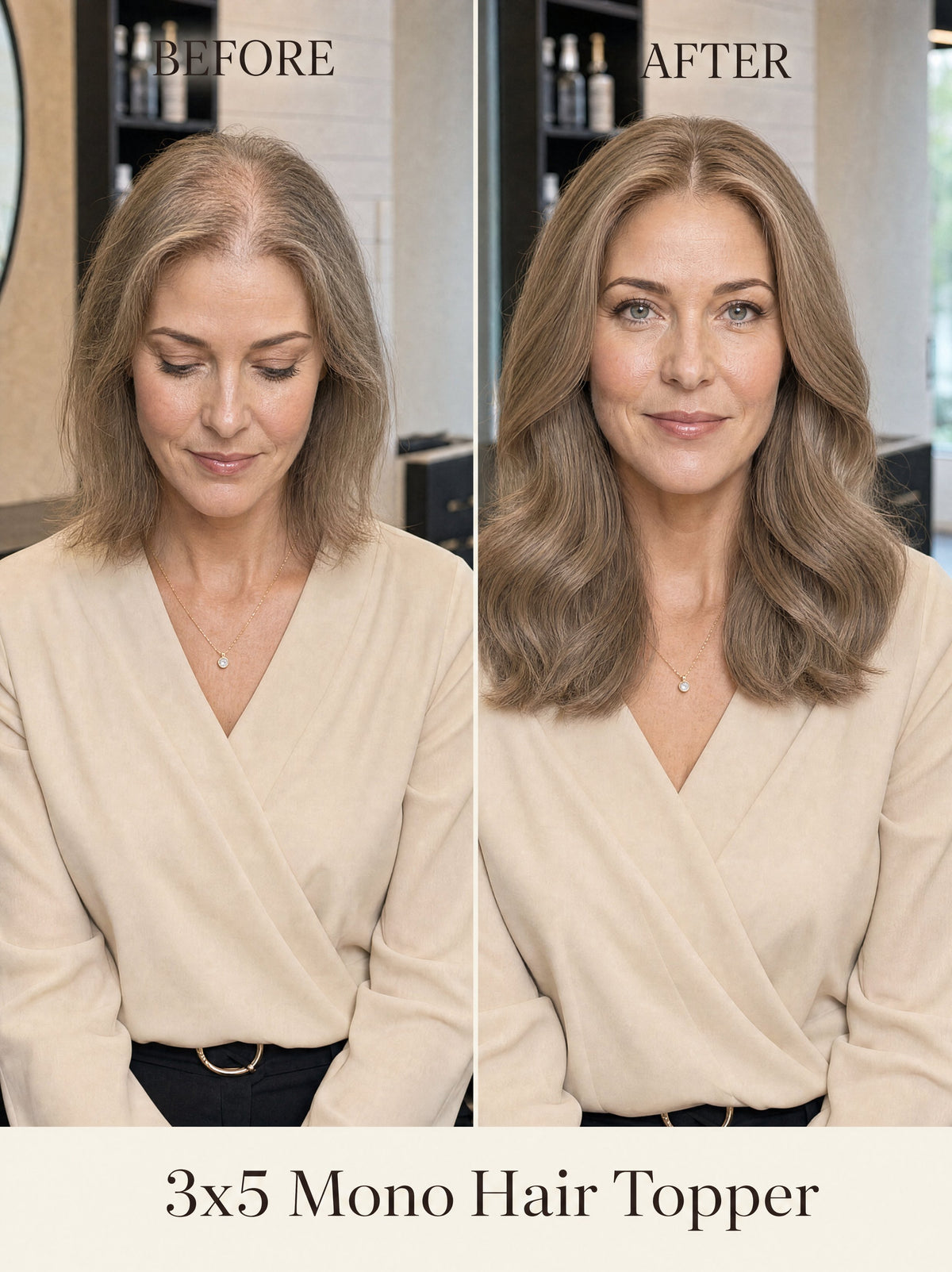 Hair topper before-and-after: wavy light-brown hair with fuller, natural-looking layers