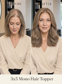 Hair topper before-and-after: wavy light-brown hair with fuller, natural-looking layers