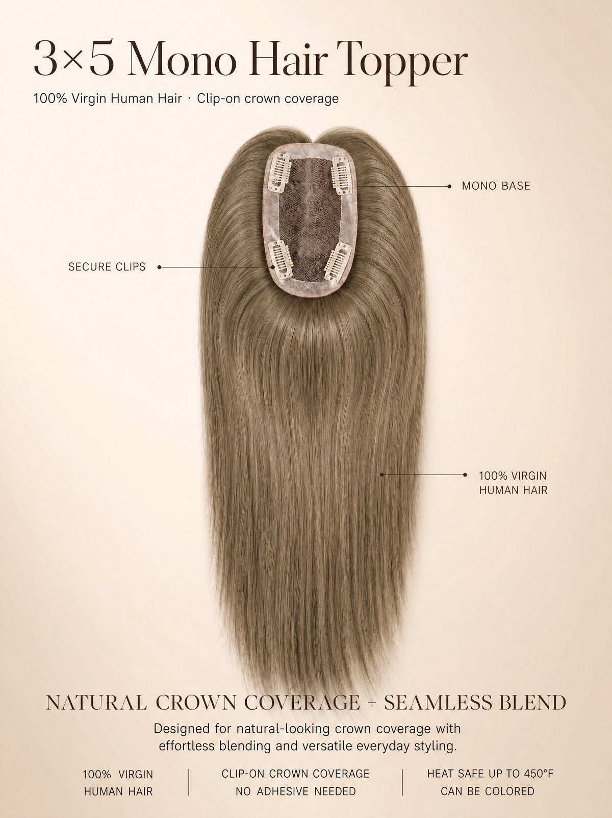 Wavy light-brown mono hair topper showing oval mono base and clip-on design