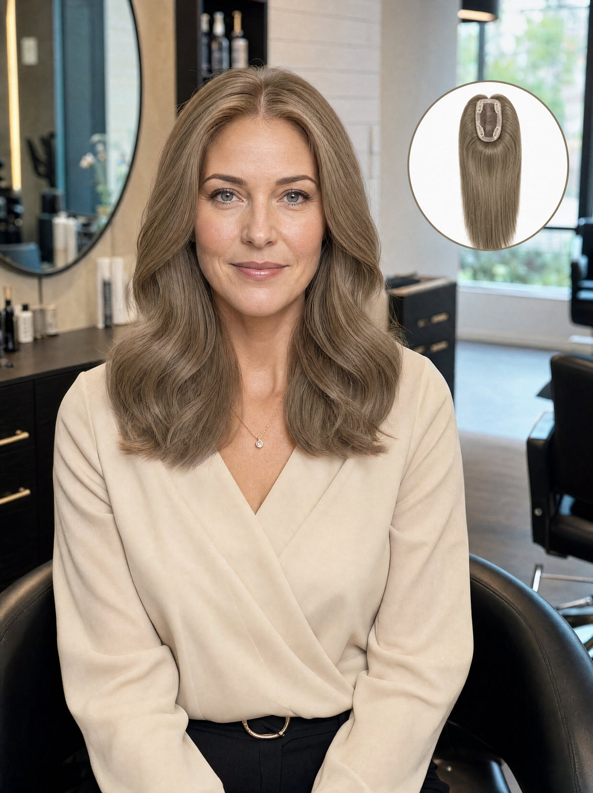 Wavy light-brown hair topper on model with natural crown coverage, shoulder-length style