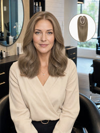 Wavy light-brown hair topper on model with natural crown coverage, shoulder-length style