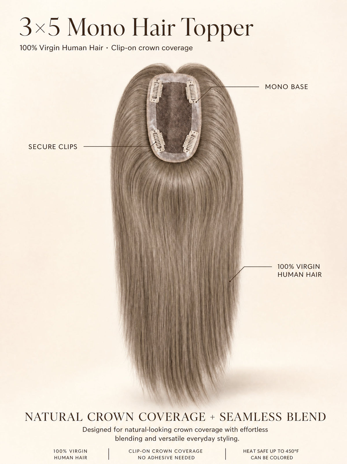 3x5 mono hair topper with clip-in mono base and straight ash-gray hair strands