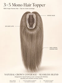 3x5 mono hair topper with clip-in mono base and straight ash-gray hair strands