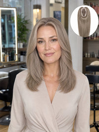 3x5 mono hair topper on model with shoulder-length ash-gray hair, front view
