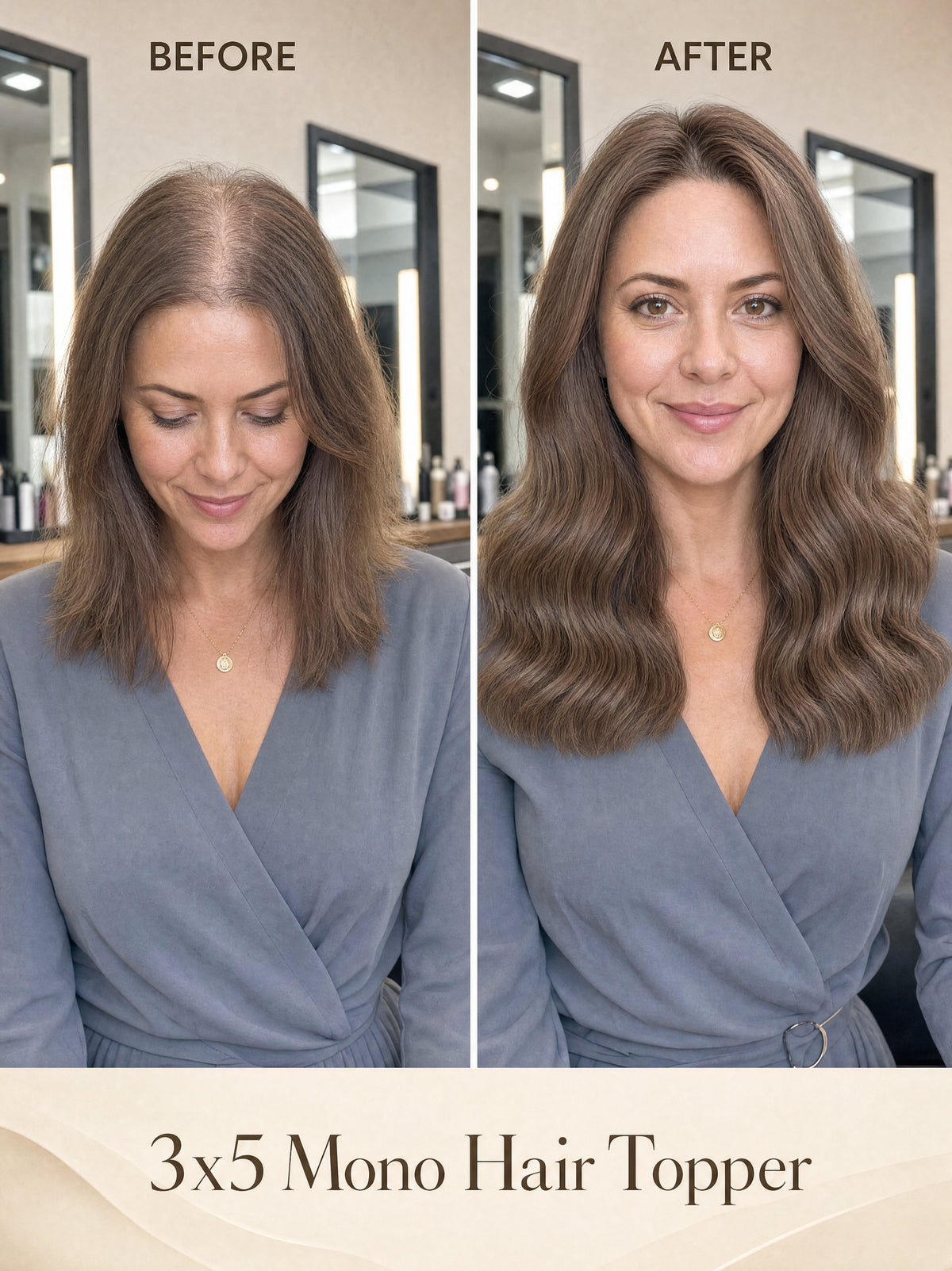 Wearing 3x5 mono hair topper, voluminous wavy light brown hair