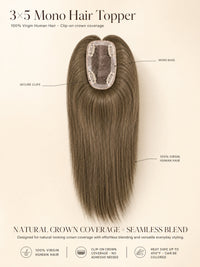 3x5 mono hair topper with clipped monobase, straight light brown hair shown