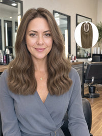16-inch 3x5 mono hair topper with wavy light brown hair, front view
