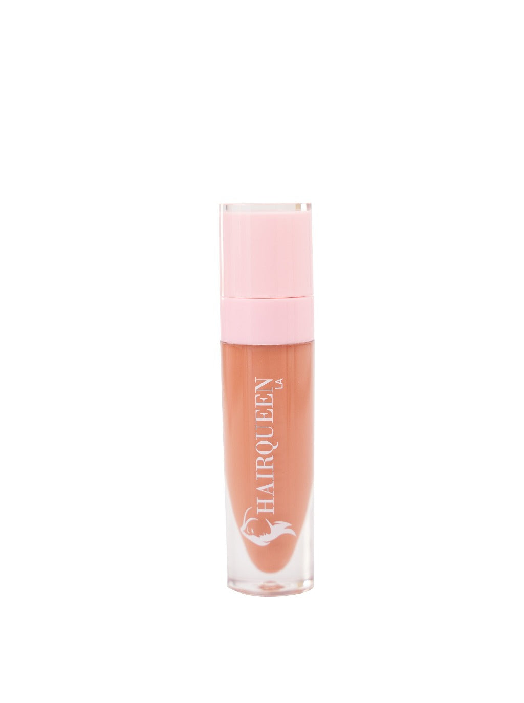 Peach-brown lip gloss tube with clear base and pink cap