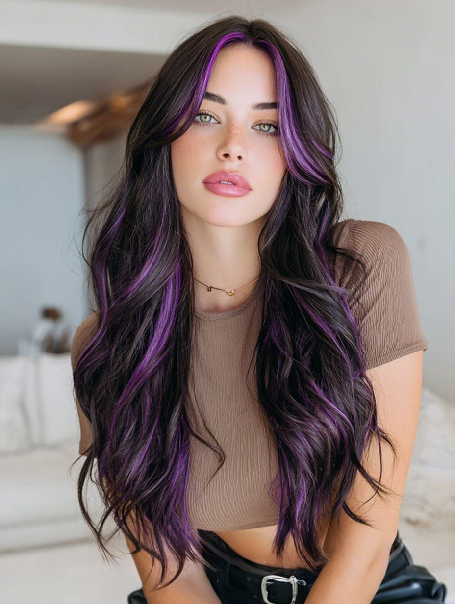 Long wavy wig with black base and purple streaks, center part