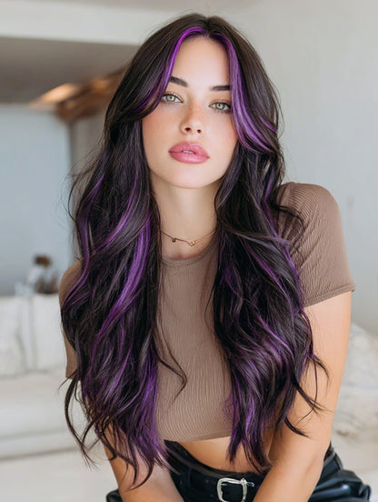 Long Black and Purple Highlighted Synthetic Blend Wavy Wig