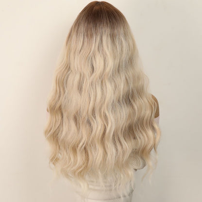 Long Buttery Blonde Beach Wave Synthetic Blend Wig with Dark Roots