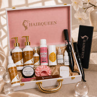 Luxury wig care kit in open HAIRQUEEN case with bottles, edge control, lace glue, and comb