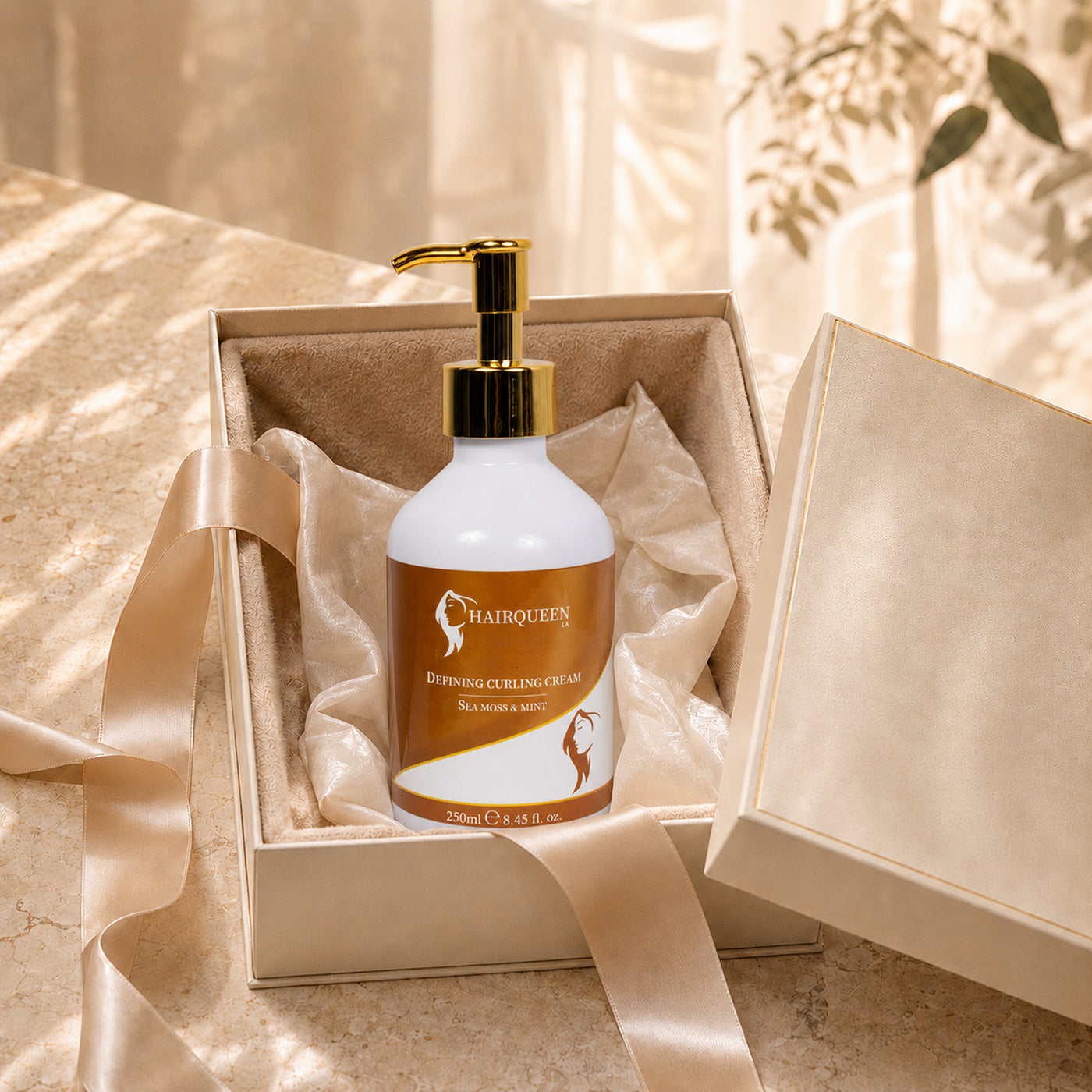 Curl cream bottle with gold pump in open gift box, white bottle with orange label