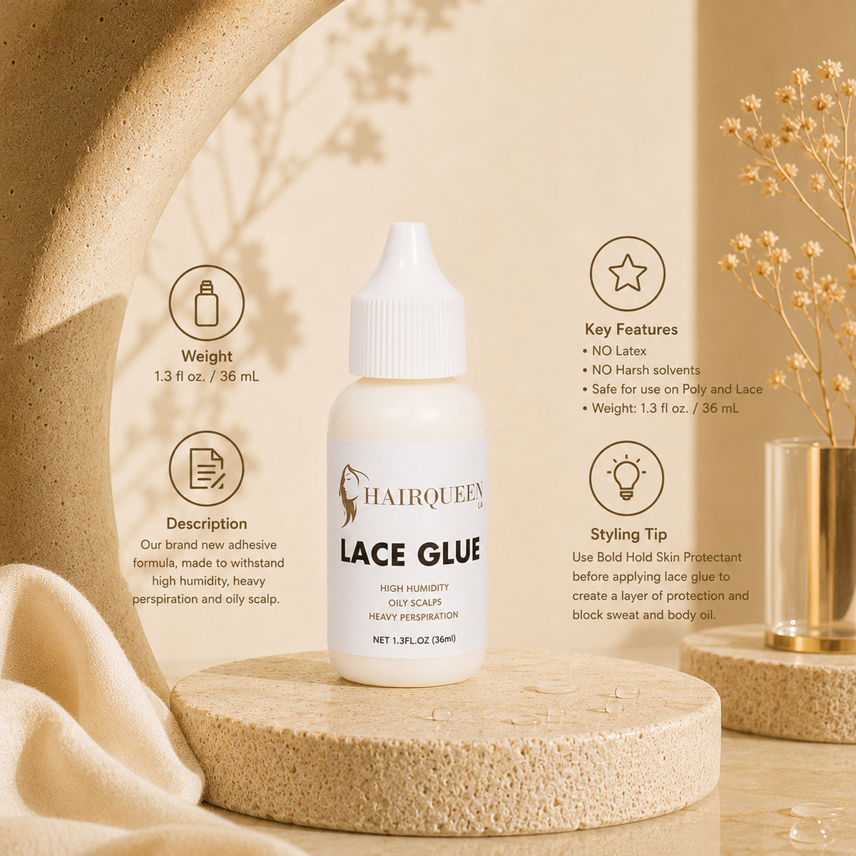Hair Queen LA Lace Glue bottle with weight and key feature icons visible