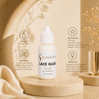 Hair Queen LA Lace Glue bottle with weight and key feature icons visible