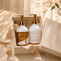 Two reviving shampoo bottles in open box with gold pumps and white orange labels