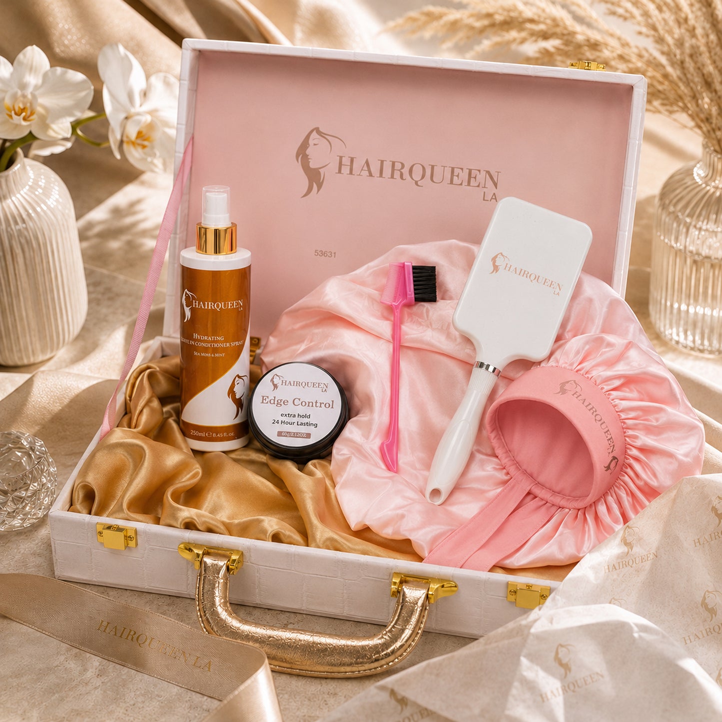 Hair extension care kit in open box with pink bonnet, edge control jar, bottles, and tools
