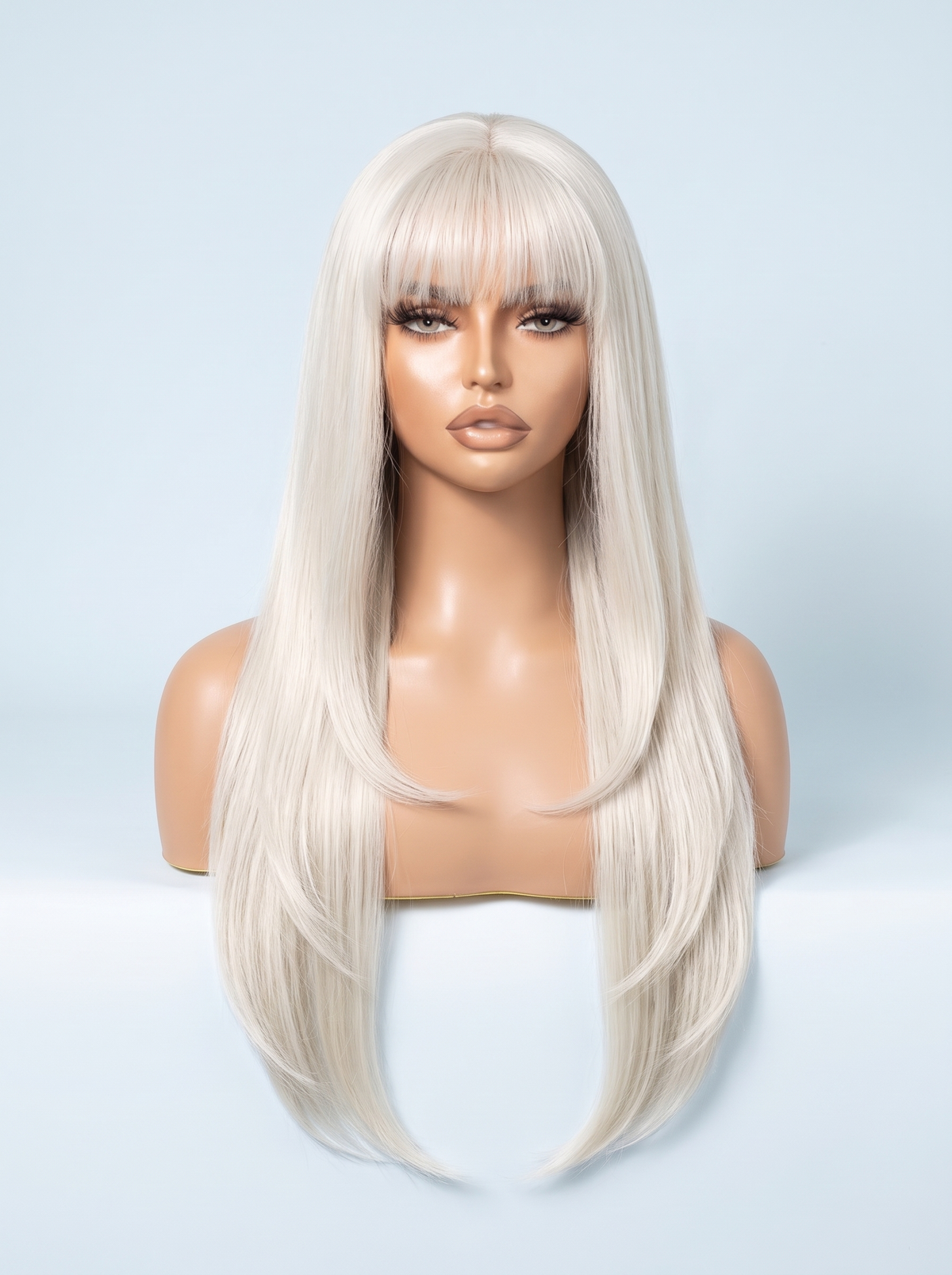 Ice-bang lace wig on mannequin with long straight platinum-white hair and bangs