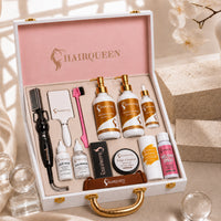 Luxury wig kit open case with lace glue, melting spray, wax stick, edge control, and tools