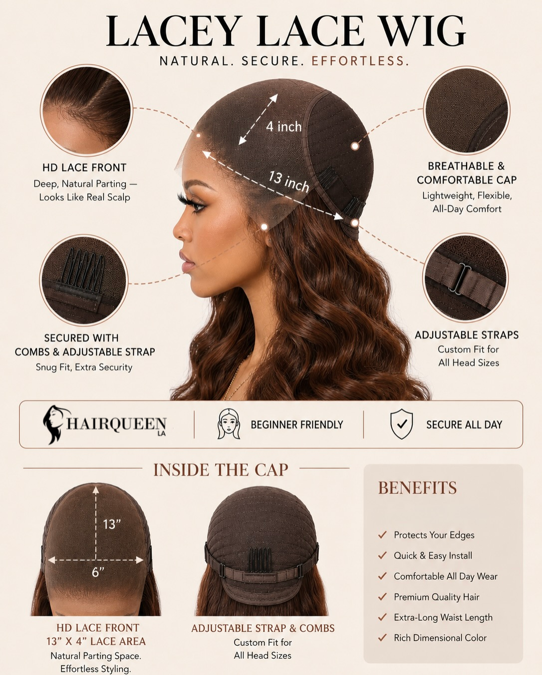 Wavy lace front wig with long dark auburn-brown hair, center part and full volume