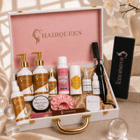 HAIRQUEEN wig kit in open case with bottles, edge control, melting spray, flat iron, lace glue